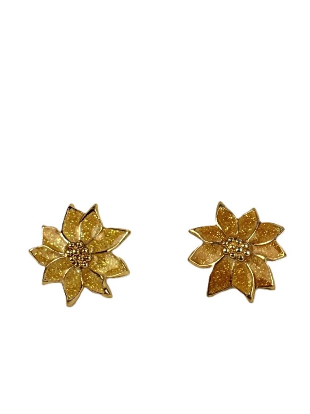 Vintage Avon Gold Glitter Poinsettia Flower Clip On Earrings Holiday Christmas